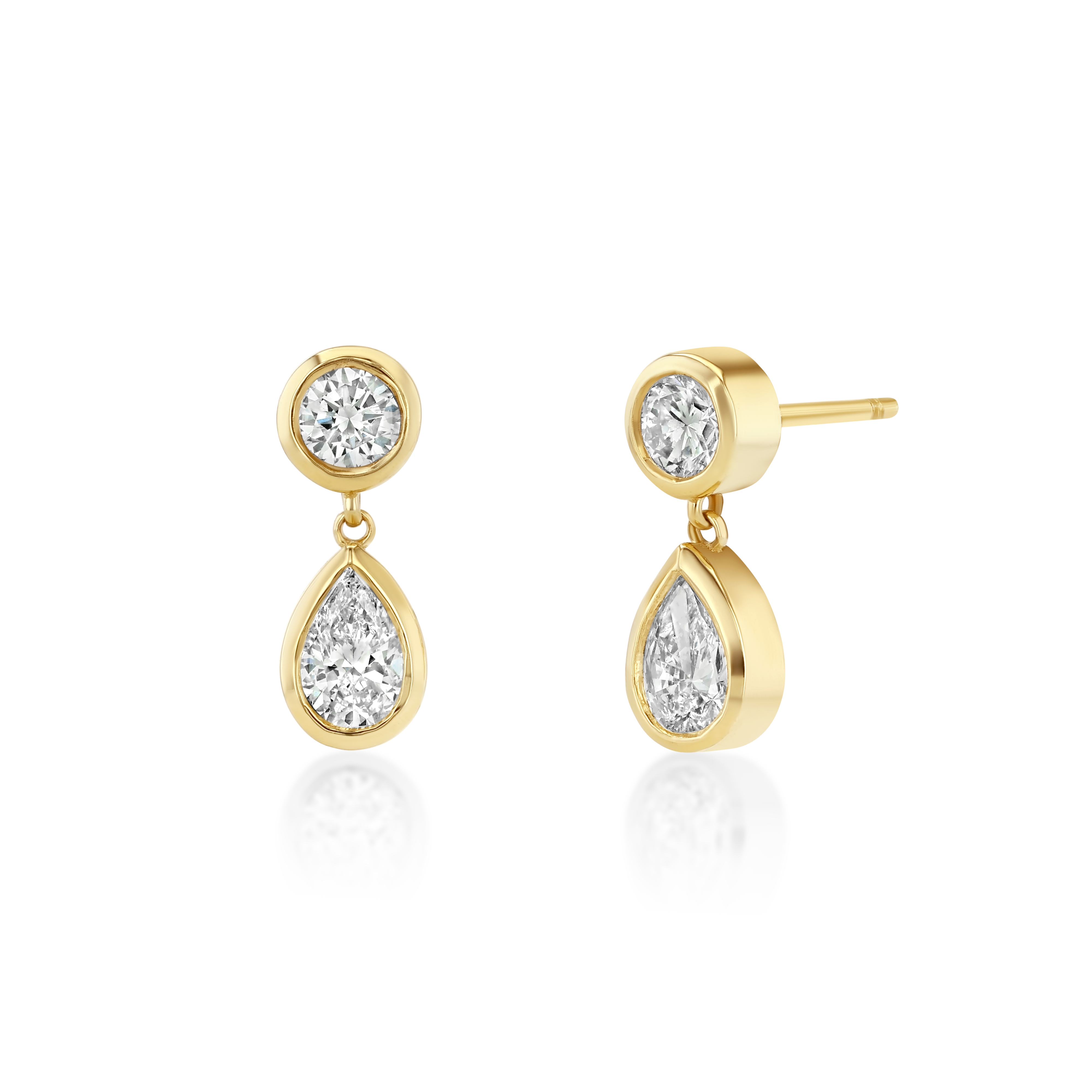 Gold earrings with teardrop-shaped gemstones on a white background