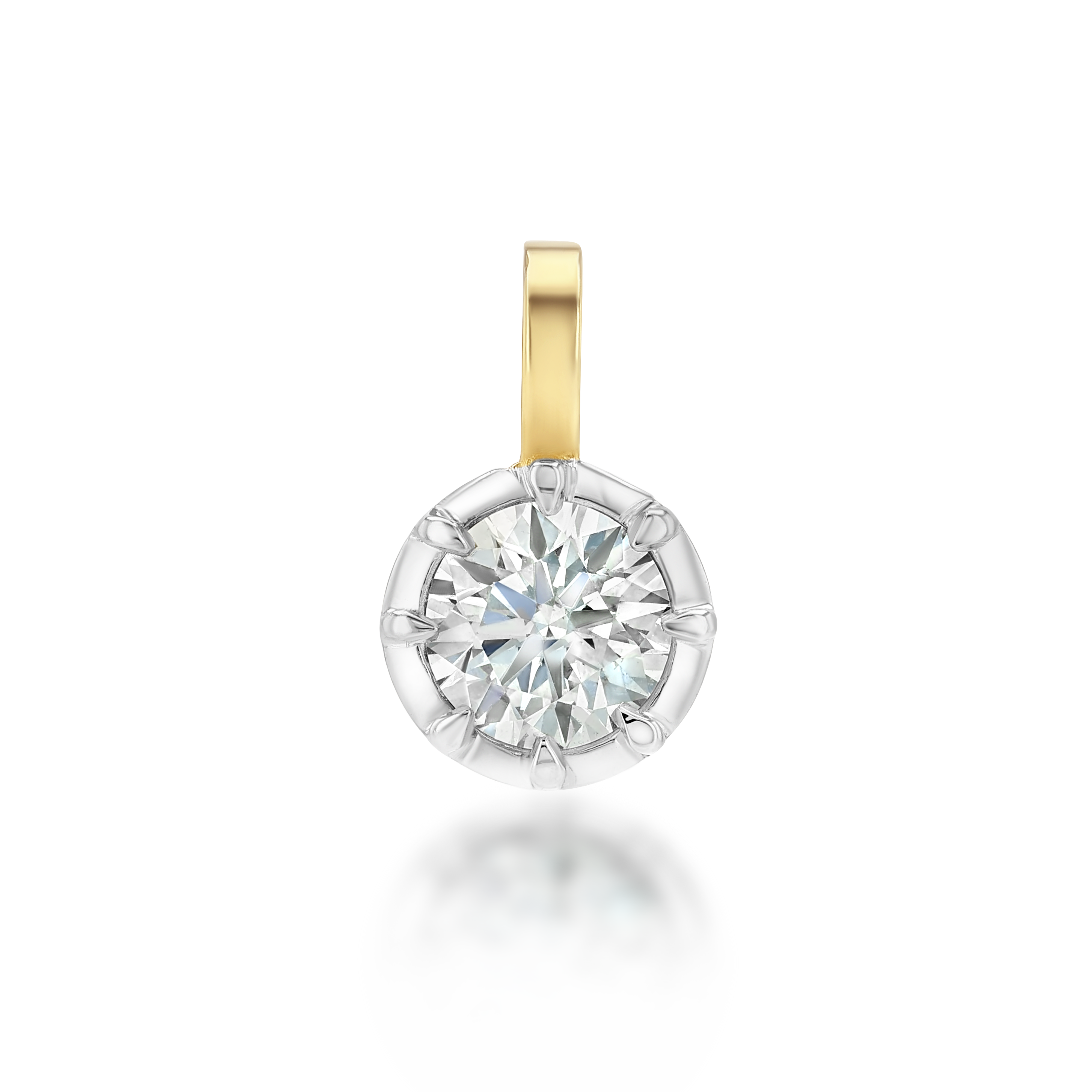 14k yellow gold pendant featuring a round diamond at the center, secured in a prong-style setting beneath a simple gold bail.