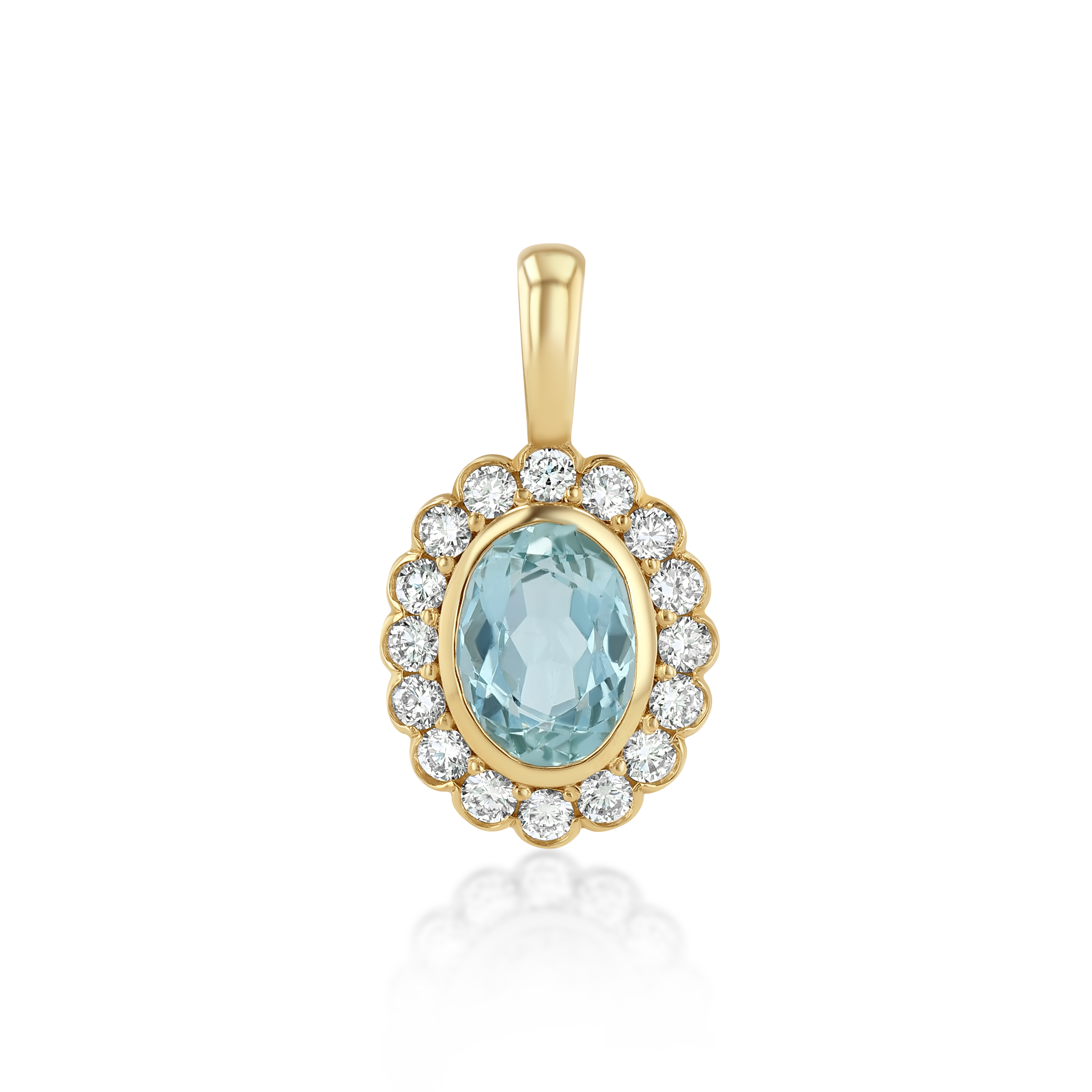 14k yellow gold pendant featuring an oval aquamarine center stone surrounded by a halo of small diamonds. The pendant has a smooth gold bail. 
