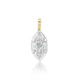 14k yellow gold pendant featuring a marquise-cut white diamond secured in a white rhodium bezel with prongs, hanging from a simple gold bail.