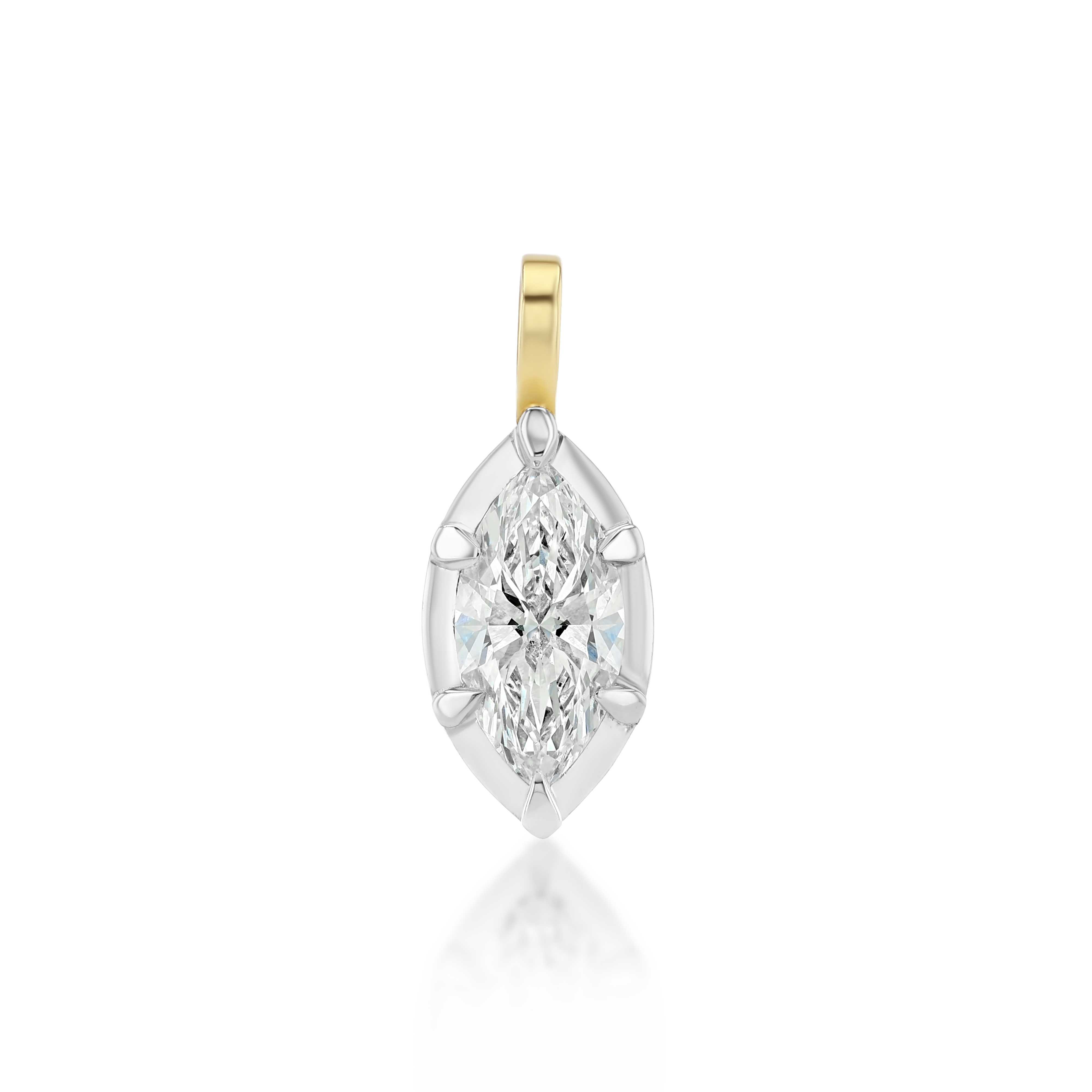 14k yellow gold pendant featuring a marquise-cut white diamond secured in a white rhodium bezel with prongs, hanging from a simple gold bail.