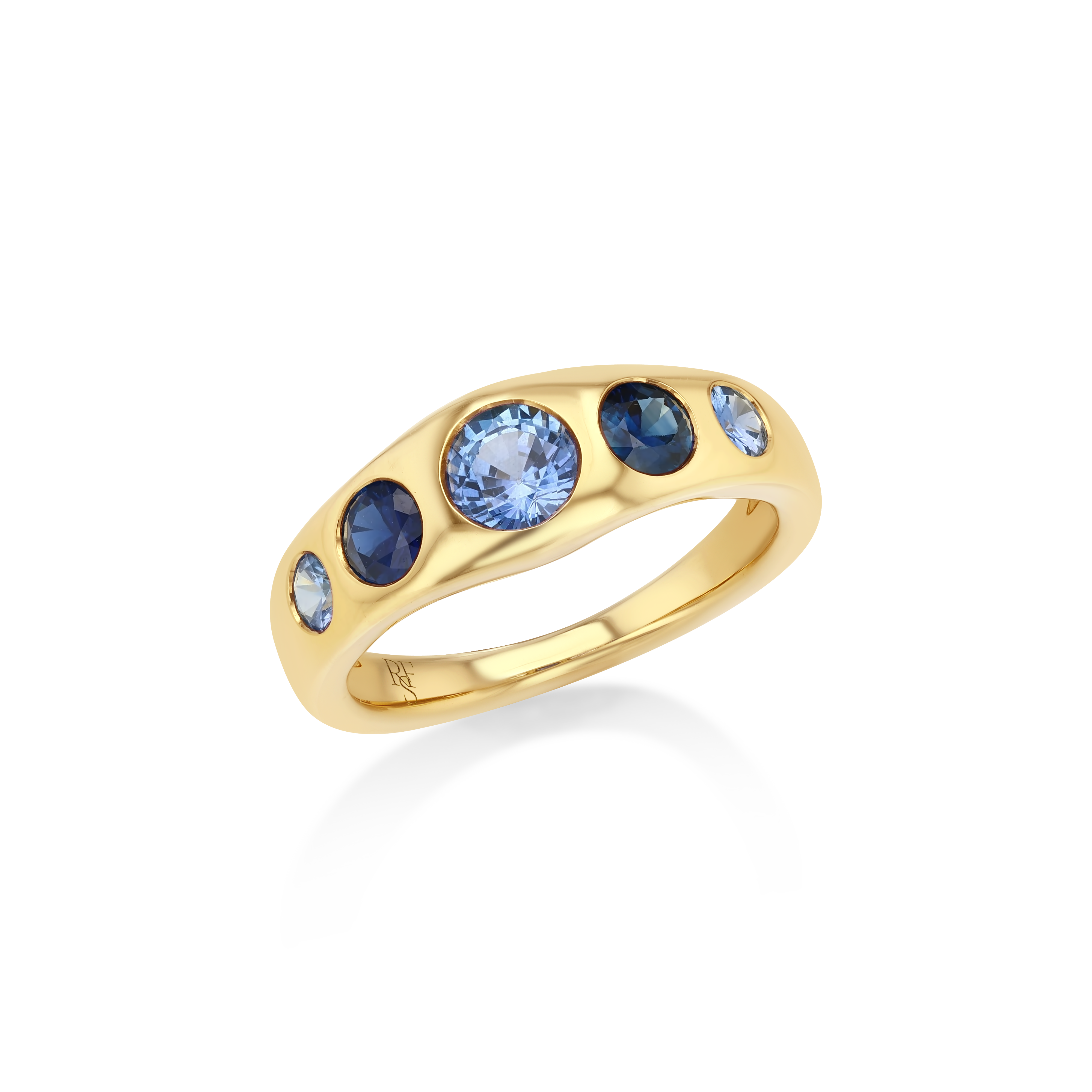 A gold ring featuring a curved band with five round blue gemstones, including one larger light blue center stone and two smaller dark blue stones on each side.