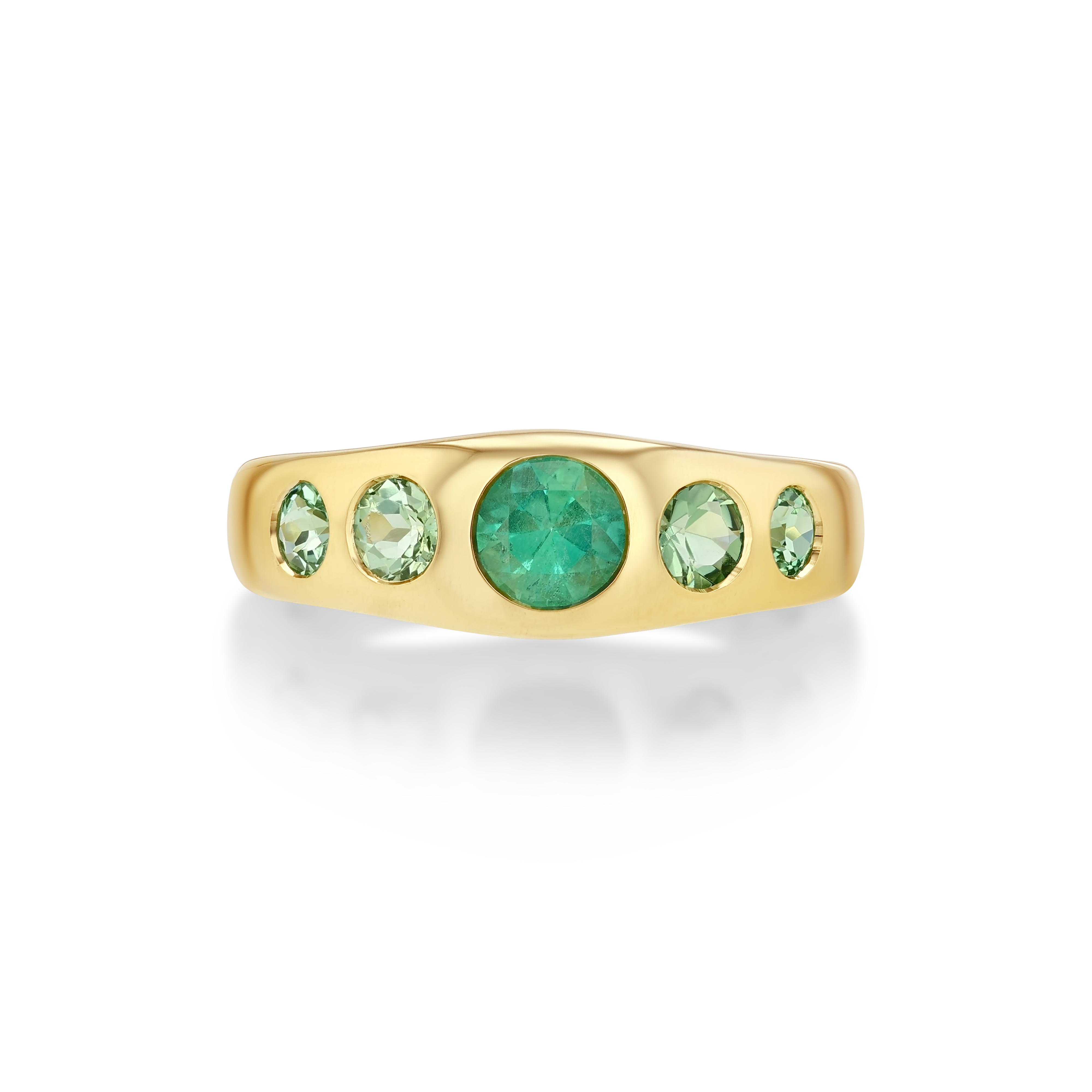 A yellow gold ring featuring five green gemstones set in a curved row.