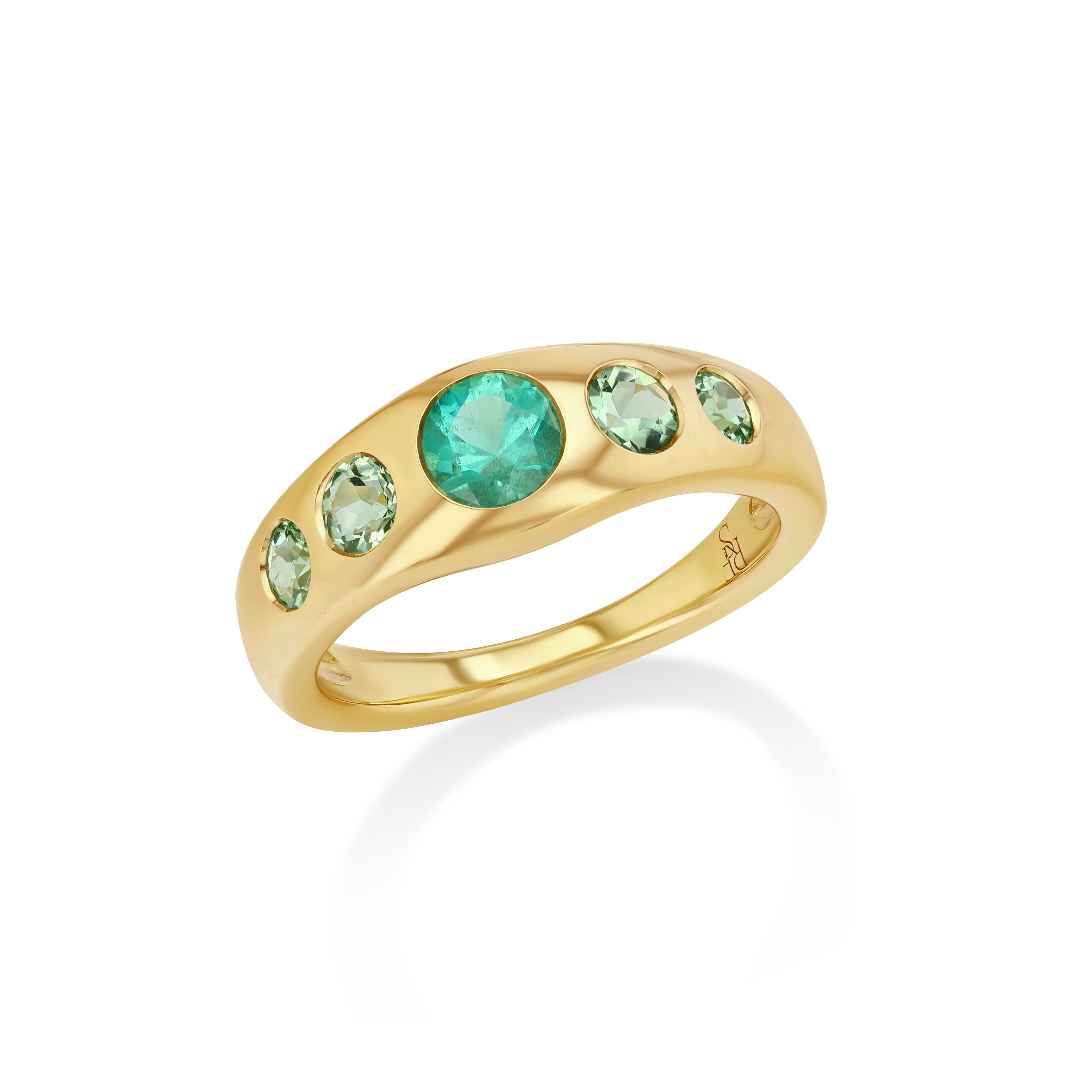 A gold ring featuring a curved band with a large round round-cut green center stone and four smaller round green accent stones.