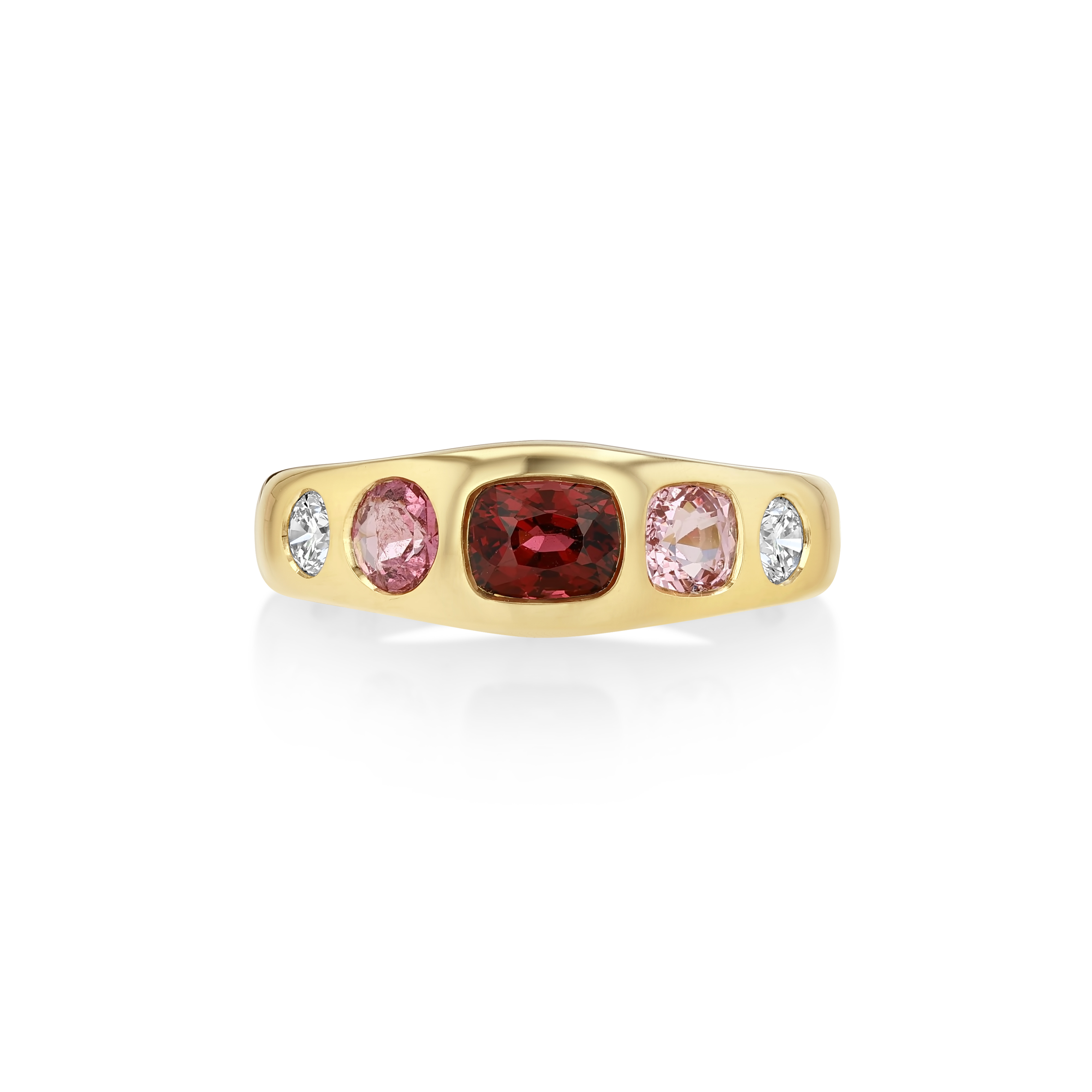 A yellow gold ring featuring a central cushion-cut deep red gemstone flanked by two oval pink gemstones and two small round clear stones, shown on a clean white background.