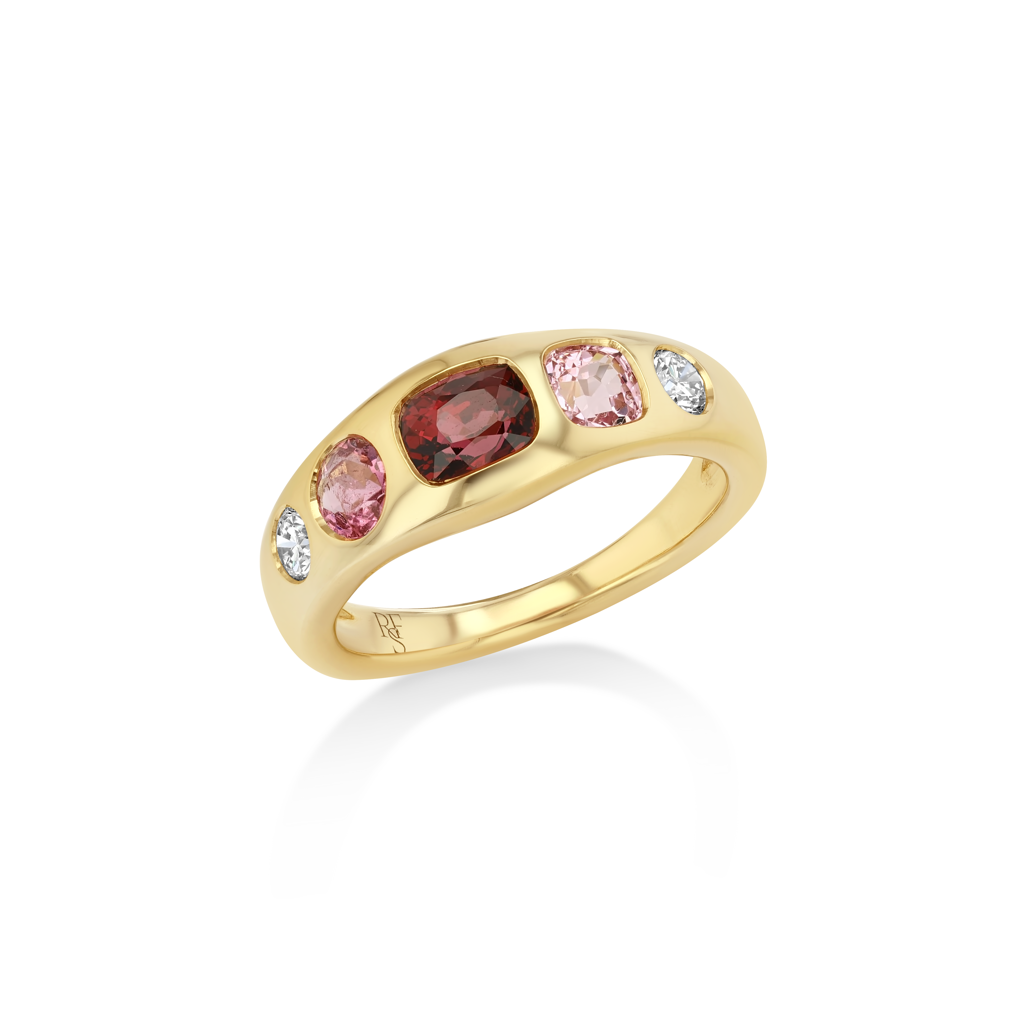A yellow gold ring featuring a row of pink and red gemstones with small clear accent stones, shown on a clean white background.