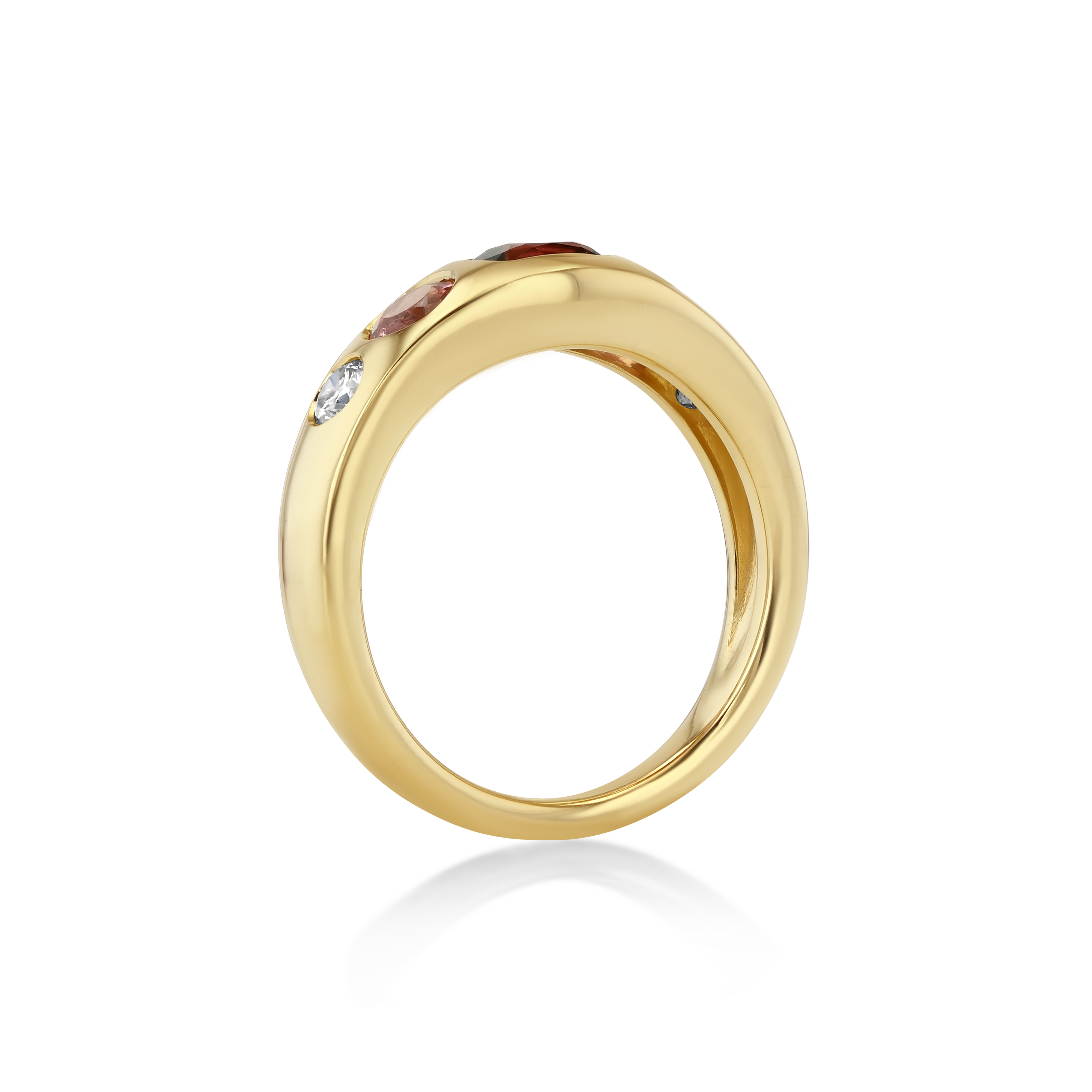 A polished yellow gold ring with small inset gemstones.