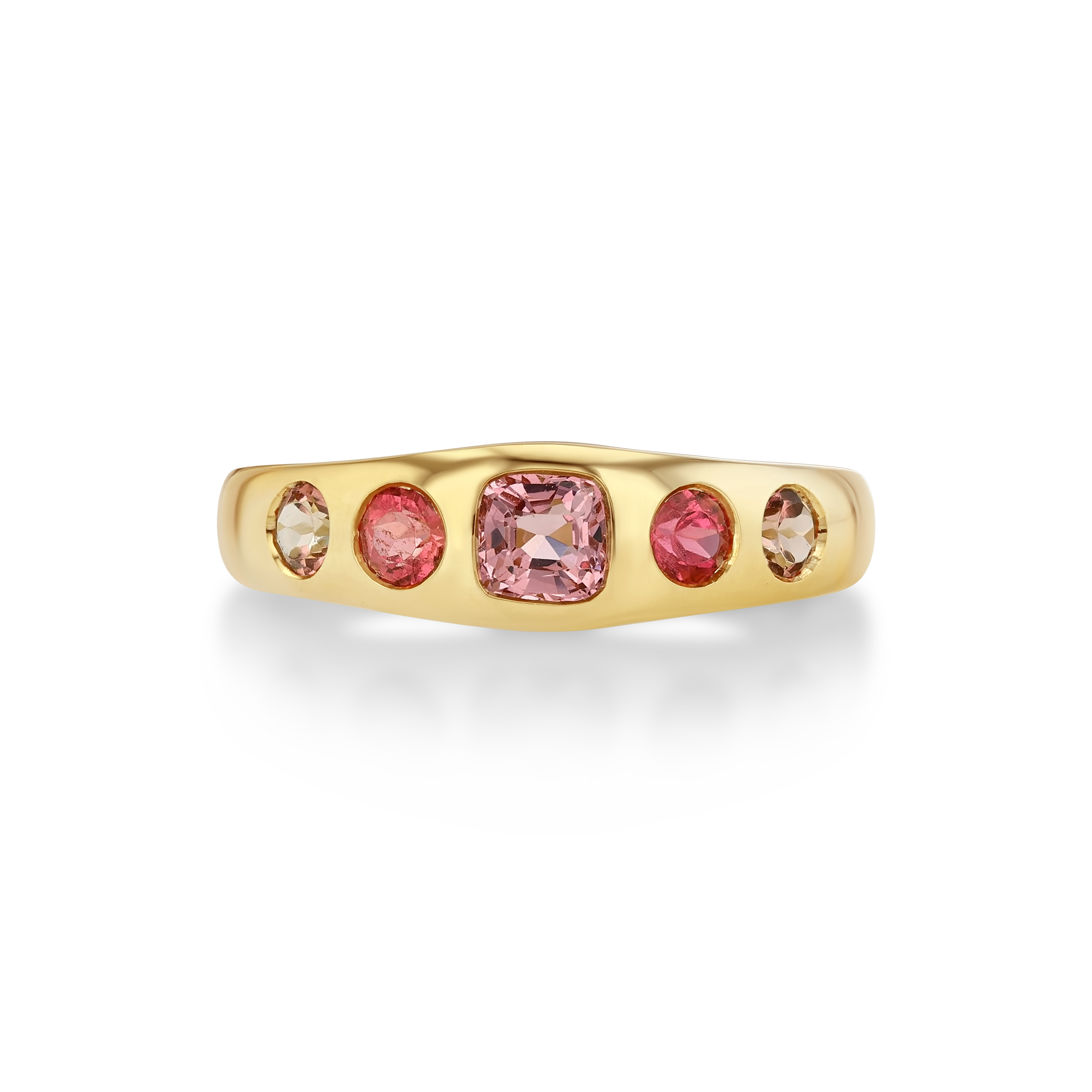 A gold ring featuring a central cushion-cut pink gemstone flanked by two round pink stones and two smaller oval clear stones.