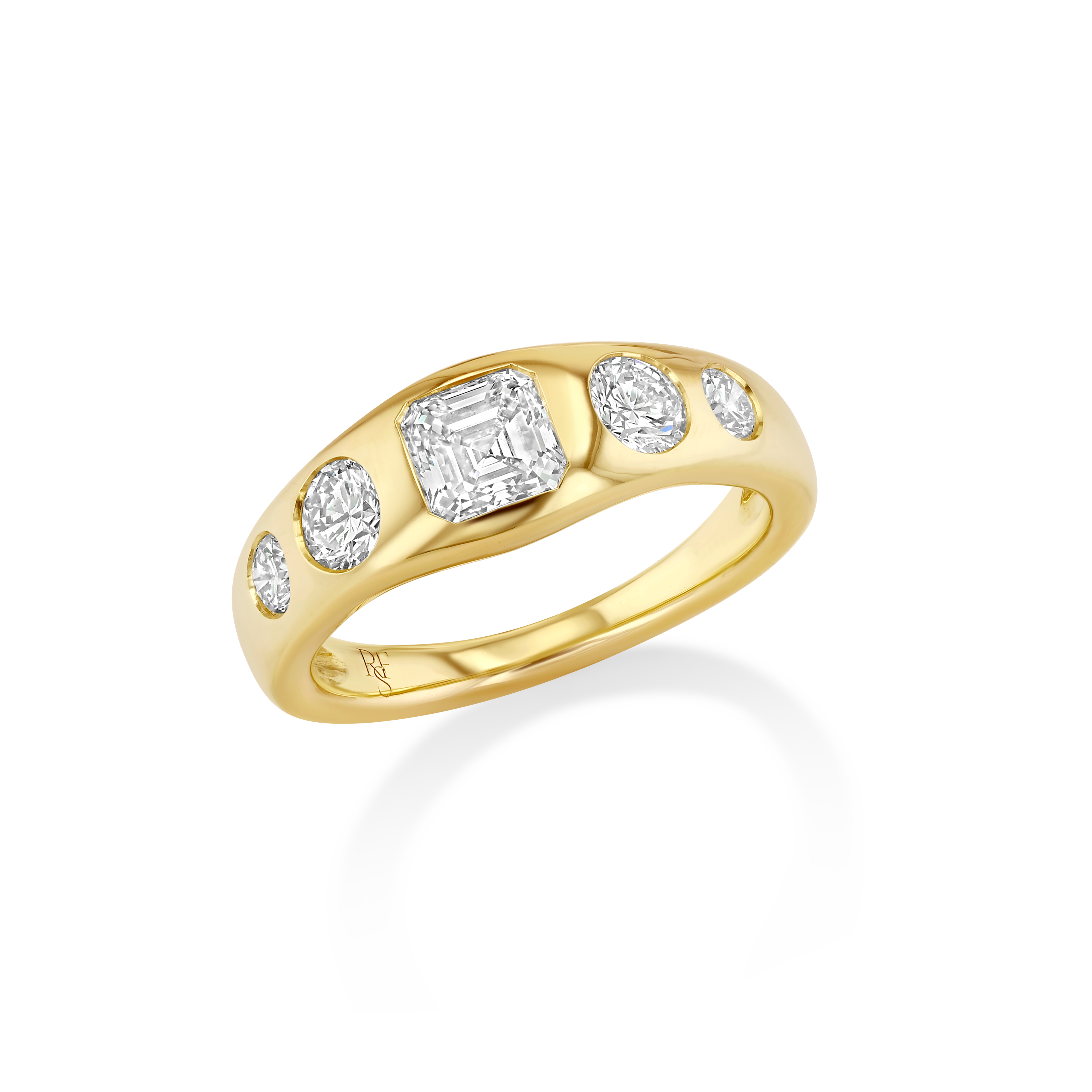 A yellow gold diamond ring with a central emerald-cut diamond and three smaller round diamonds.