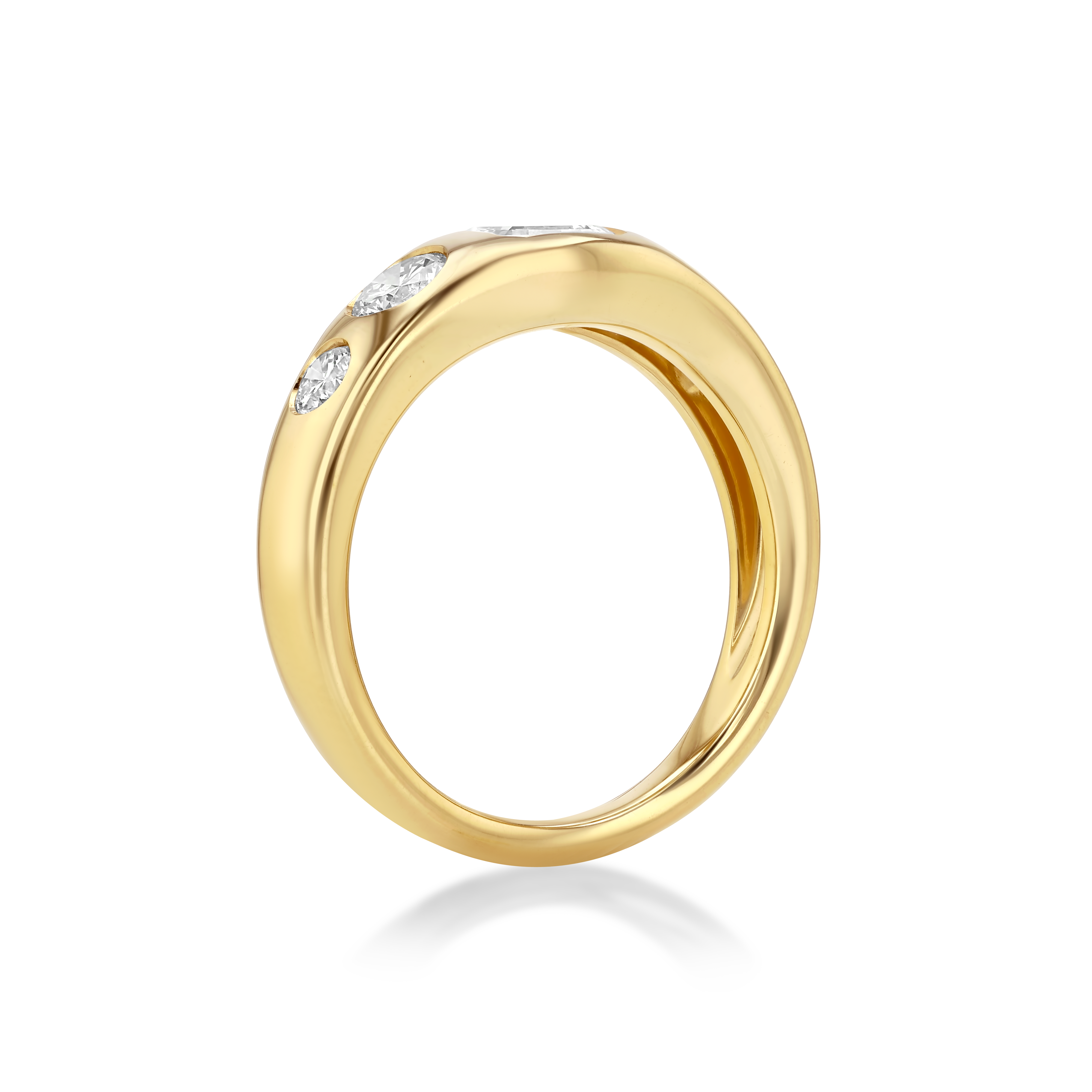 A polished yellow gold ring featuring three small clear gemstones set along the upper curve.
