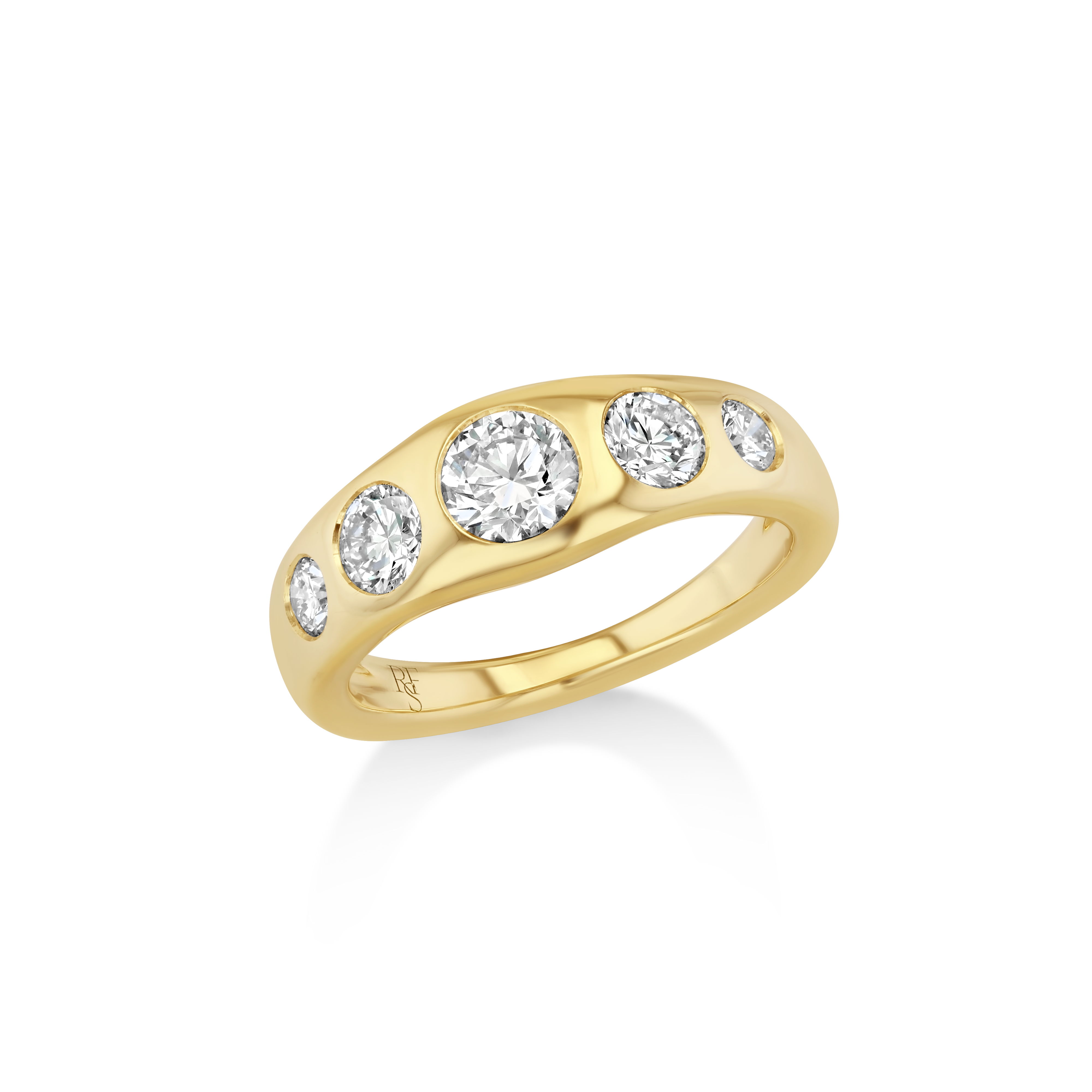 A yellow gold ring featuring five round-cut clear gemstones set in a curved row along the band, shown on a clean white background with a soft reflection.