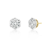 A pair of round brilliant-cut diamond stud earrings in a silver-toned setting, with one earring facing forward and the other angled to show the post and back, on a white background with a soft reflection.