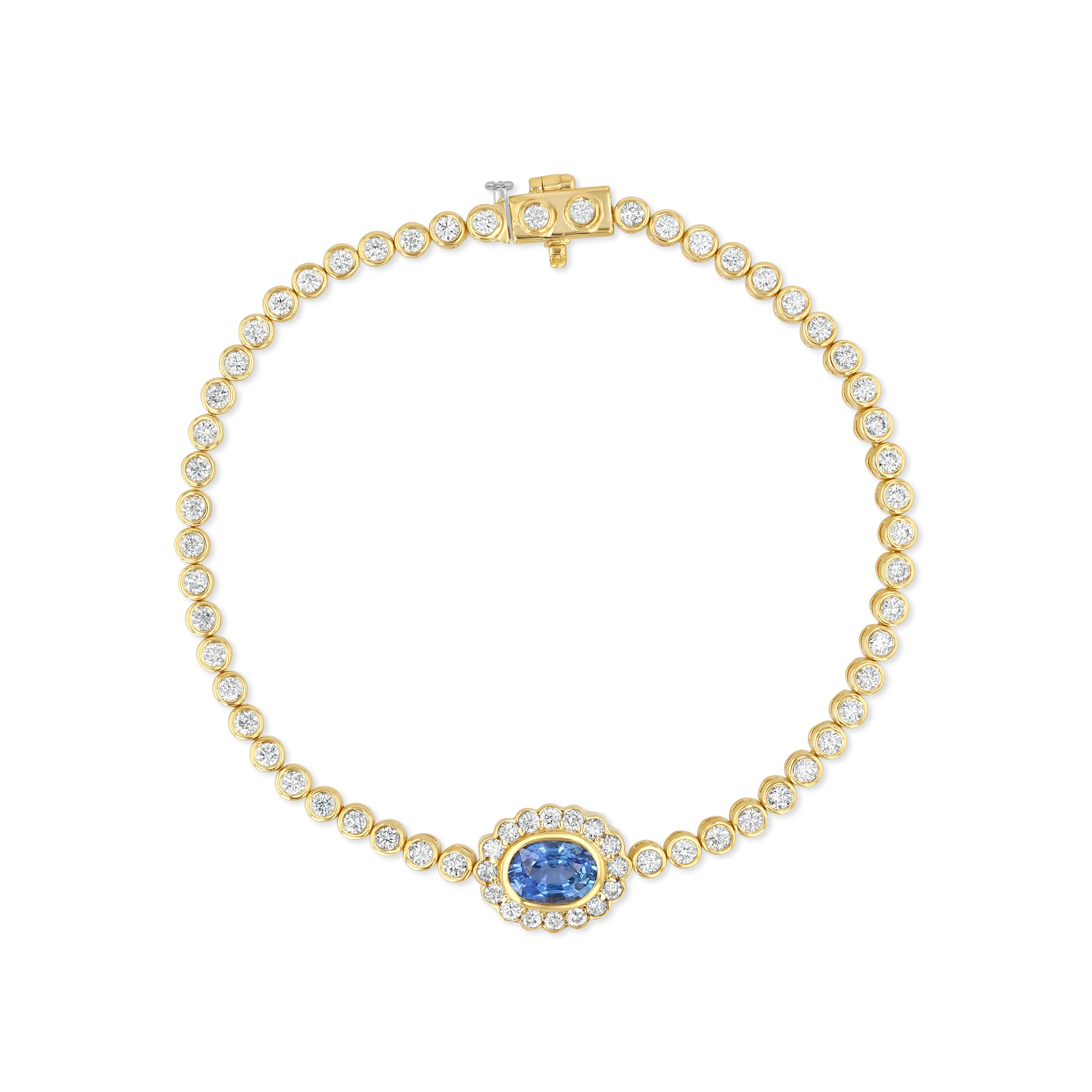 A yellow gold tennis bracelet featuring round-cut clear stones and a central oval blue sapphire surrounded by a halo of small clear stones, displayed on a clean white background.