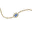 A gold chain bracelet featuring a central oval blue sapphire stone surrounded by a halo of small clear stones, with the rest of the chain lined with round clear stones, shown on a plain white background.