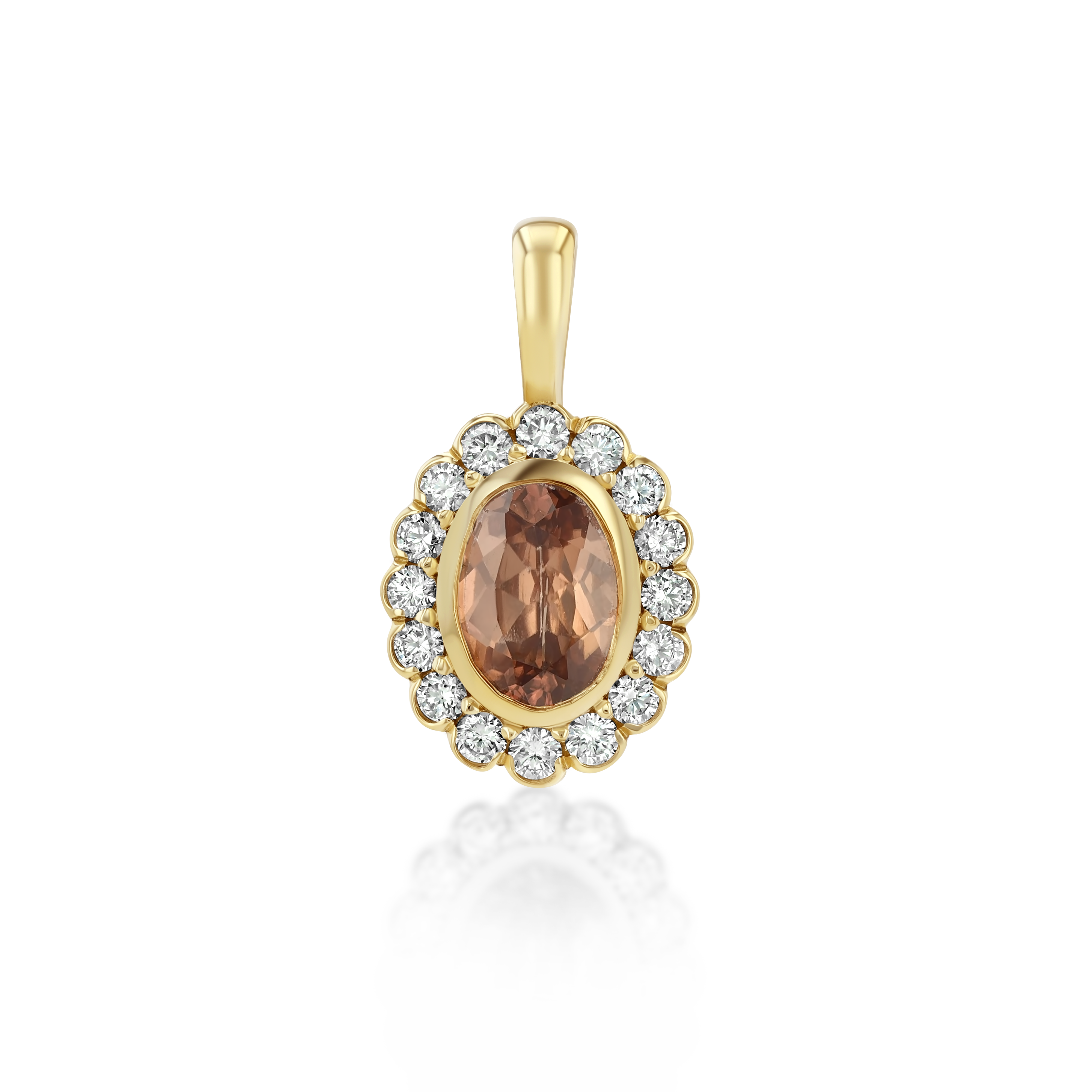 Petite Heirloom Pendant in Spice crafted in 14K yellow gold, featuring a 1.3ct natural brown zircon surrounded by 16 round brilliant diamonds totaling 0.30ctw, with a polished gold bail for attaching to a chain.
