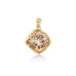A gold pendant featuring a large, cushion-cut peach-colored gemstone in a textured bezel setting, shown on a clean white background with a soft reflection below.