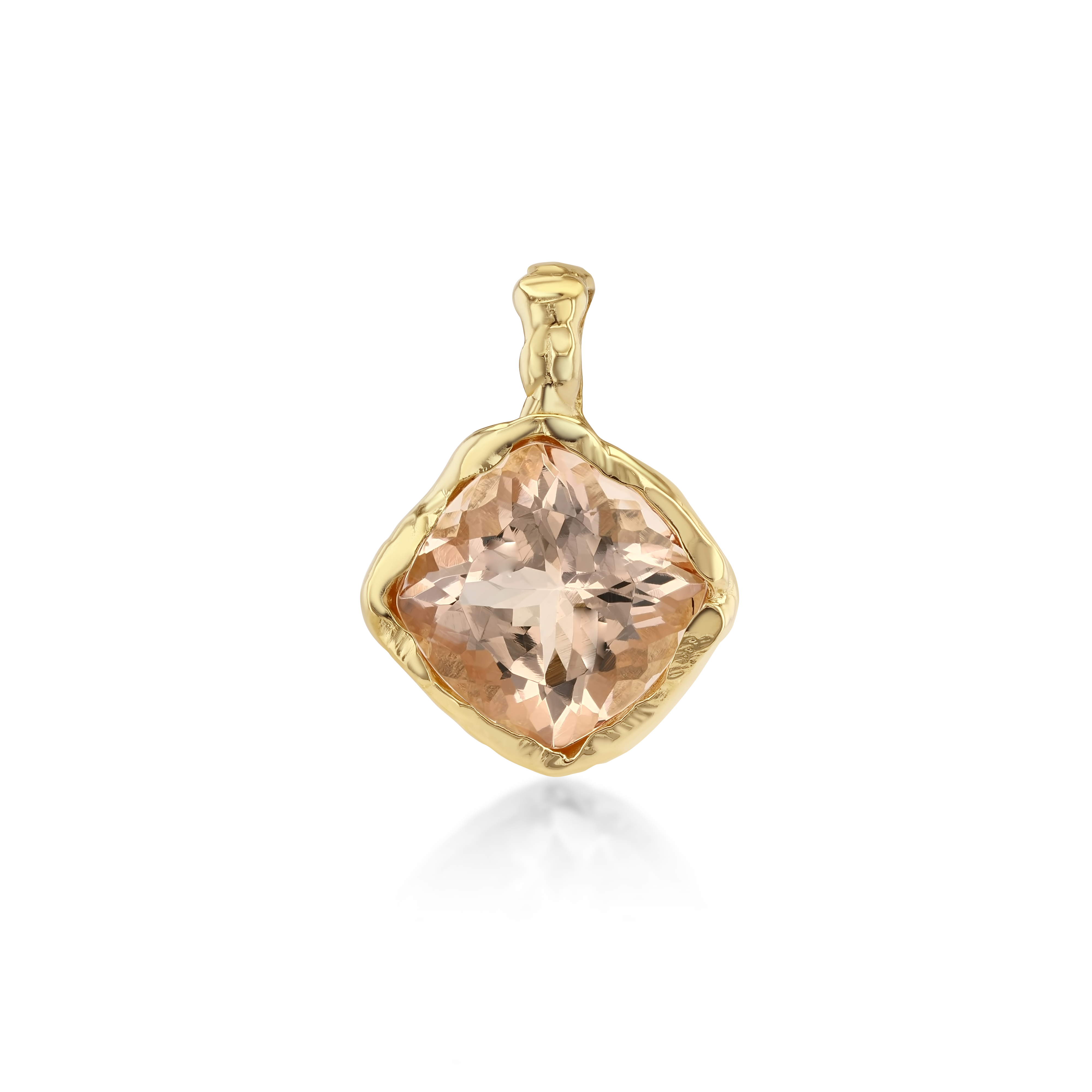 A gold pendant featuring a large, cushion-cut peach-colored gemstone in a textured bezel setting, shown on a clean white background with a soft reflection below.