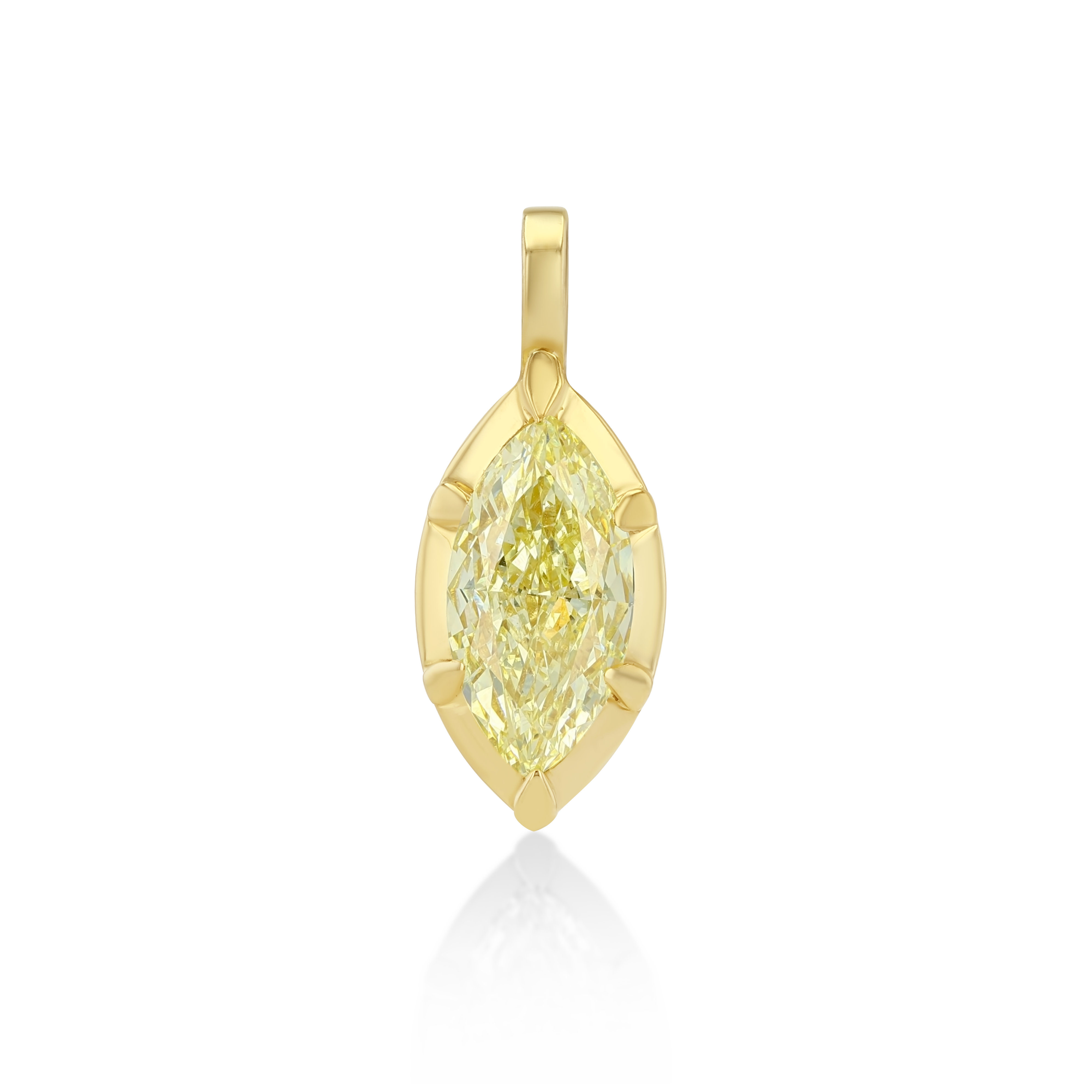 14k yellow gold pendant featuring a marquise-cut fancy yellow diamond held in a pointed bezel-style frame with a simple gold bail. 