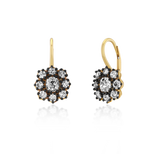Pair of classic flower-cluster earrings handcrafted in 18K yellow gold, featuring natural mined diamonds totaling 2.74 carats, with blackened prongs for contrast and sparkle.