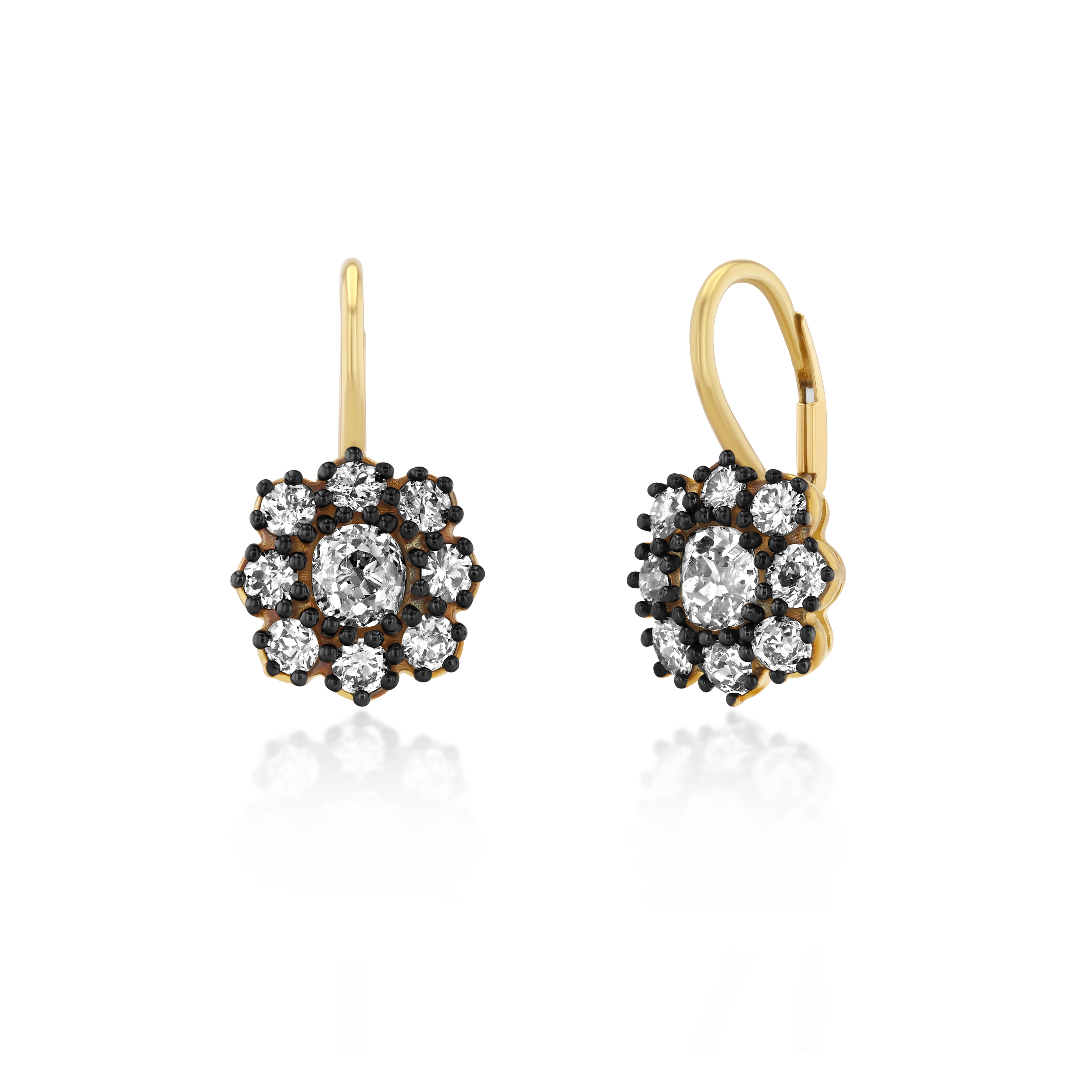 Pair of classic flower-cluster earrings handcrafted in 18K yellow gold, featuring natural mined diamonds totaling 2.74 carats, with blackened prongs for contrast and sparkle.