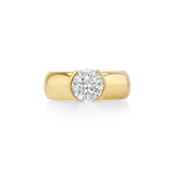 A yellow gold solitaire ring featuring a round brilliant-cut diamond set in a classic four-prong setting, centered on a clean white background with a soft reflection below.