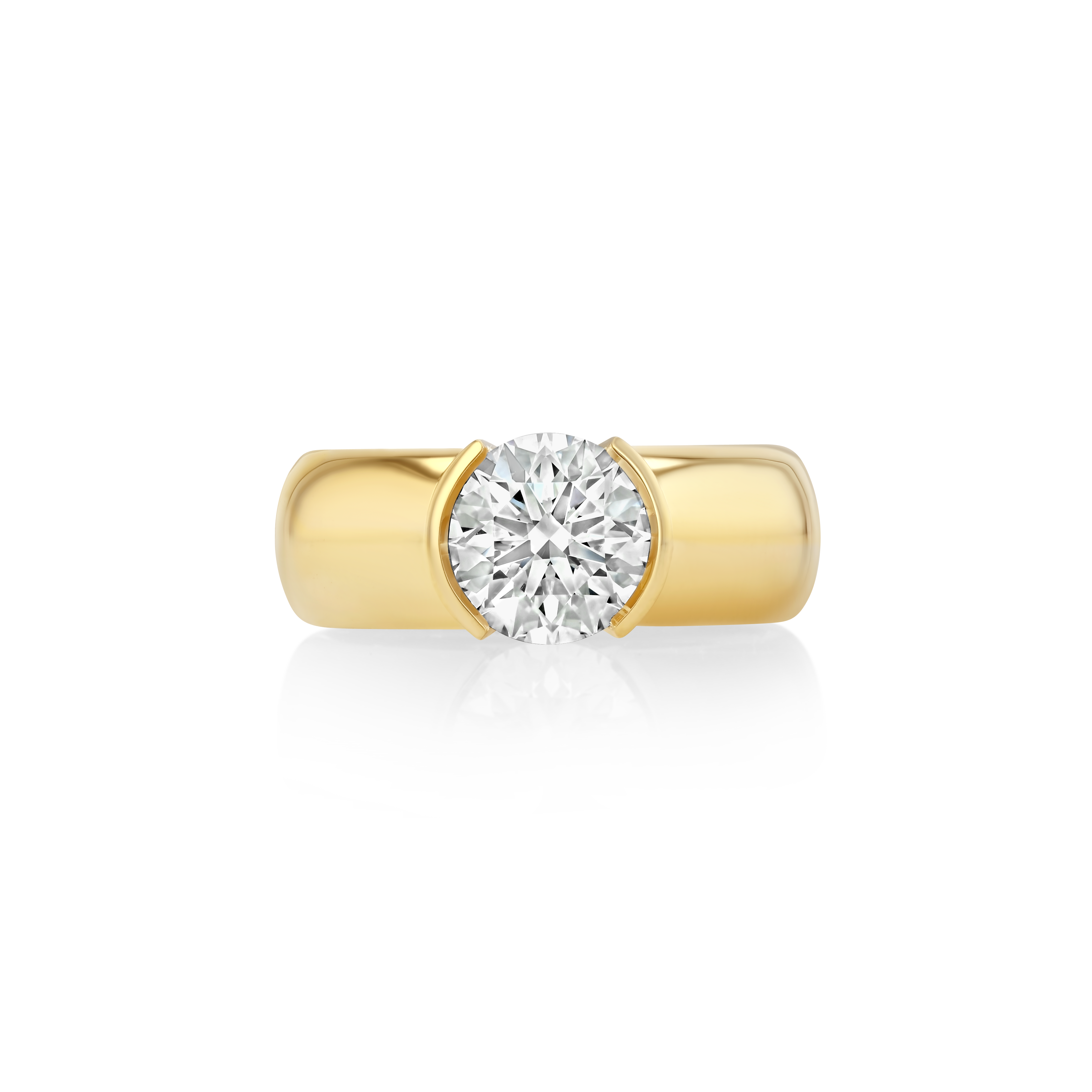 A yellow gold solitaire ring featuring a round brilliant-cut diamond set in a classic four-prong setting, centered on a clean white background with a soft reflection below.