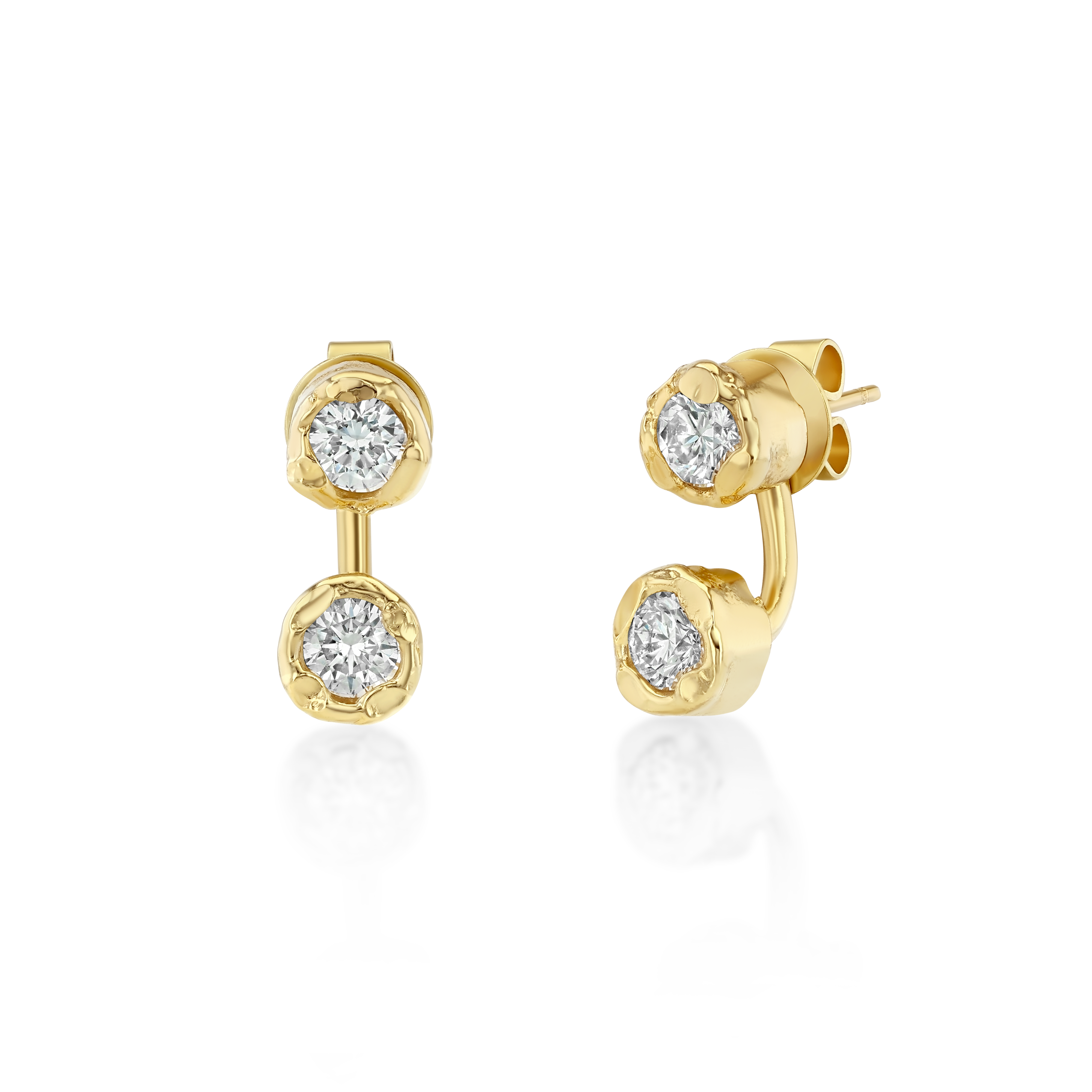 Pair of gold stud earrings featuring two round, diamonds on each earring. The gemstones are bezel-set in hammered yellow-gold settings, with one stone positioned above the other in a short vertical drop.