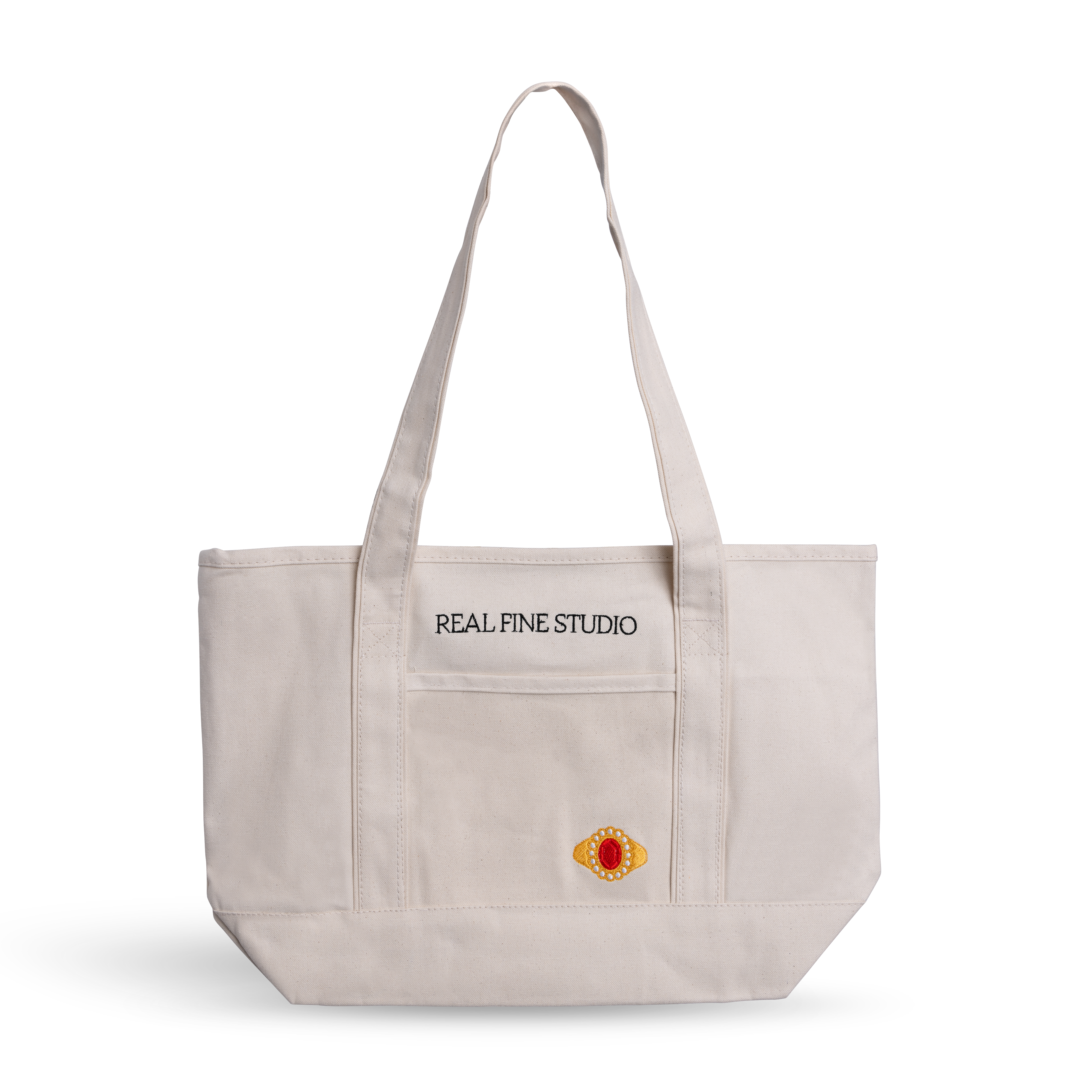 Real Fine Tote — a spacious everyday canvas bag with long shoulder straps, a built-in zipper for securing essentials, and custom embroidery by Abbode in New York. Red Heirloom embroidery. 