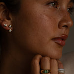 Close-up of a person wearing earrings and rings with a neutral background